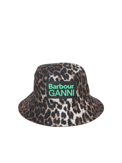Barbour X Ganni Leopard Printed Logo Patch Bucket Hat In Brown