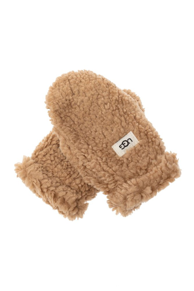 Ugg Kids Logo Patch Faux Fur Gloves In Beige