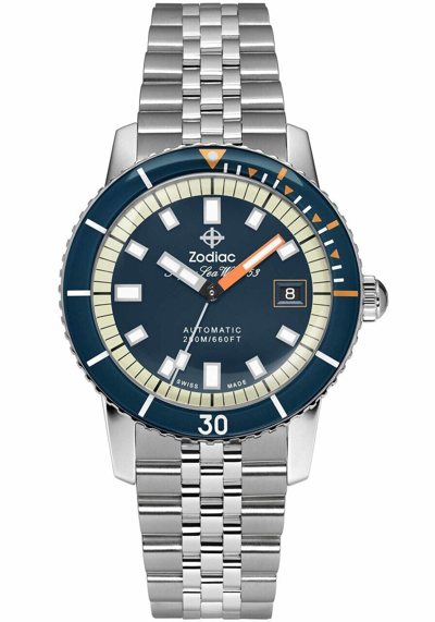 Pre-owned Zodiac Super Sea Wolf Automatic Stainless Steel Blue Dial & Bezel Watch Zo9266
