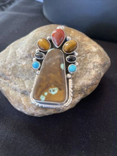 Pre-owned Handmade Native Navajo Sterling Silver Turquoise 8, Onyx & Tigers Eye Pendant 1127 In Multicolor