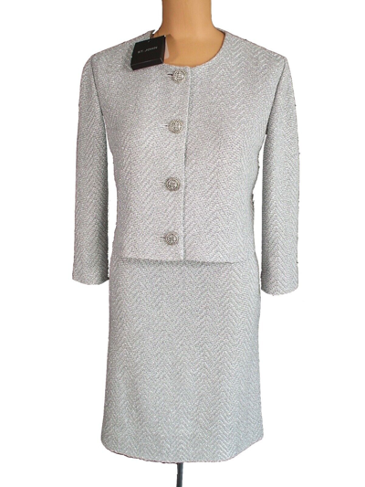 Pre-owned St John St. John Sparkle Silver Chevron Knit Blazer Jacket Skirt Suit Sz 14 $2090 In Silver Multi