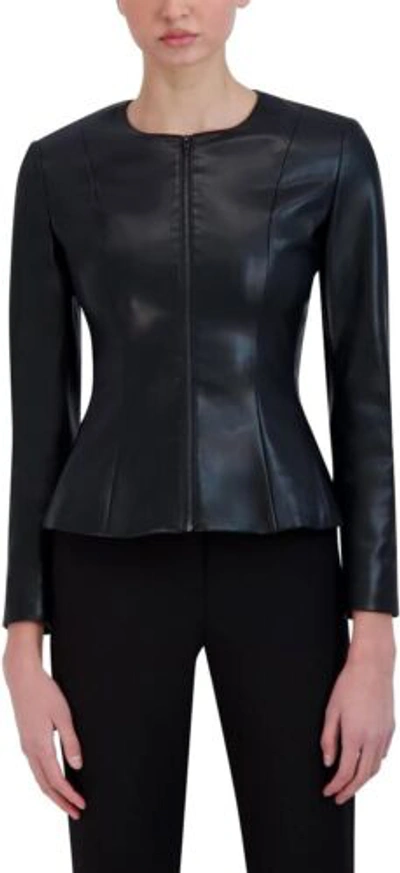 Pre-owned Bcbgmaxazria Women's Faux Leather Peplum Jacket Long Sleeve Crew Neck Front... In Black