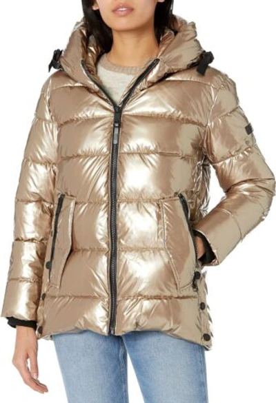 Pre-owned Dkny Women's Snap-side Glossy Puffer Outerwear Jacket In Taupe
