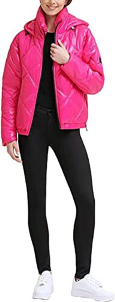 Pre-owned Kenneth Cole York Women's Short Hooded Diamond Quilted Puffer Jacket In Hot Pink
