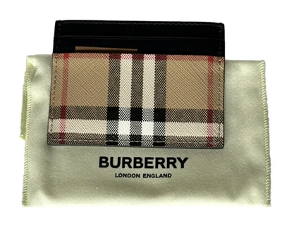 Pre-owned Burberry $250  Vintage Check Archive Beige/black Leather Card Case 80580111