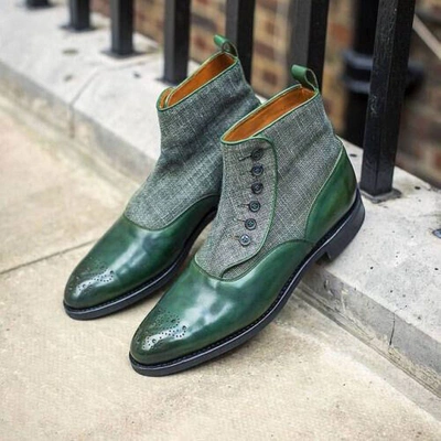 Pre-owned Handmade Men's Genuine Two Tone Leather, Fabric Button Ankle Dress/formal Boots For Men In Green And Gray