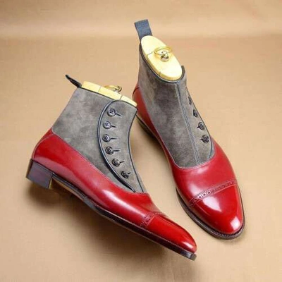Pre-owned Handmade Handcrafted Red Leather Gray Suede Button Ankle Dress Toe Cap Brogue Trendy Boot In Red And Gray