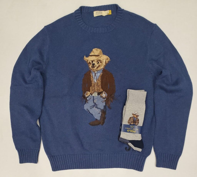 Pre-owned Ralph Lauren Denim & Supply  Men Navy Cowboy Polo Bear Pullover Sweater + Socks In Blue