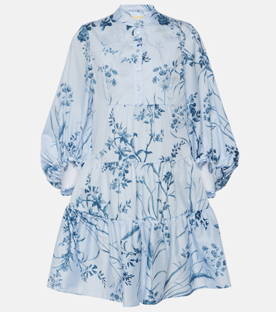 Erdem Tiered Floral-print Cotton-voile Mini Shirt Dress In Blue