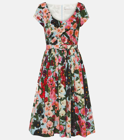 Oscar De La Renta Scoop Neck Hollyhocks Cotton Poplin Dress In Pink Pale Blue