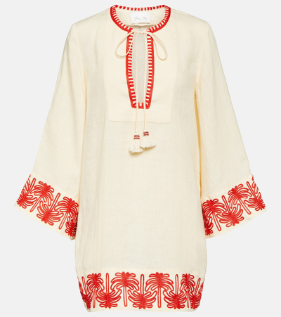 Johanna Ortiz Ocean Clan Embroidered-linen Mini Tunic Dress In Ecru