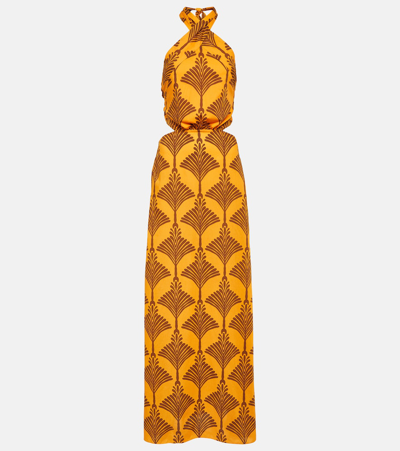 Johanna Ortiz + Net Sustain Lake Nakuru Cutout Printed Cotton Halterneck Maxi Dress In Mustard And Wine