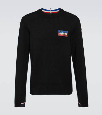 Moncler Stretch Wool Blend Crewneck Sweater In Black