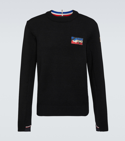 Moncler Stretch Wool Blend Crewneck Jumper In Black