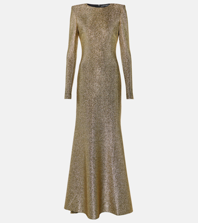 Oscar De La Renta Jewel Stretch Lame Long-sleeve Trumpet Gown In Gold