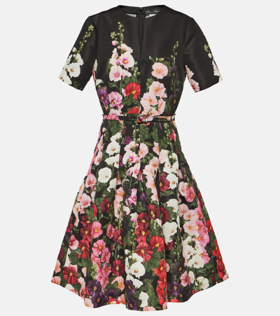 Oscar De La Renta Hollyhocks-print Pleated Belted Short-sleeve Faille Dress In Pink/black