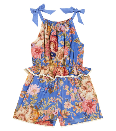 Zimmermann Kids' Floral-print Cotton Jumpsuit In Blue,multi