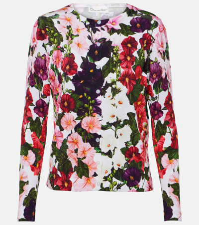 Oscar De La Renta Hollyhocks Print Crewneck Cardigan In Pink/white