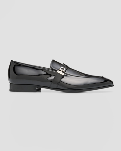 Ferragamo Men's Deal Gancio Patent Leather Loafers In Nero