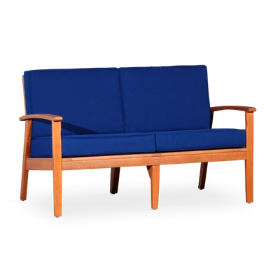 Simplie Fun Eucalyptus Loveseat With Cushions, Natural Oil Finish, Navy Cushions In Blue