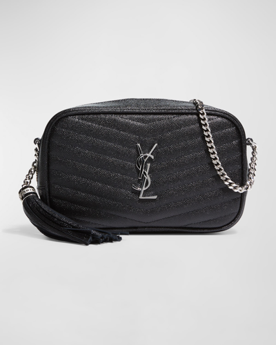 Saint Laurent Lou Mini Camera Bag In Grained Quilted Leather With Tassel And Silver Hardware In Black