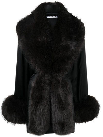 Alexander Wang Faux-fur Detailed Silk Robe Dress In Black