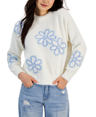 Hooked Up By Iot Juniors' Novelty Print Eyelash Crewneck Sweater In Cornflower Blue,mint Green Combo