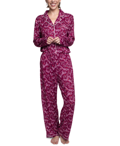Hanes Women's 2-pc. Notched-collar Printed Pajamas Set In Cranberry Cardinal