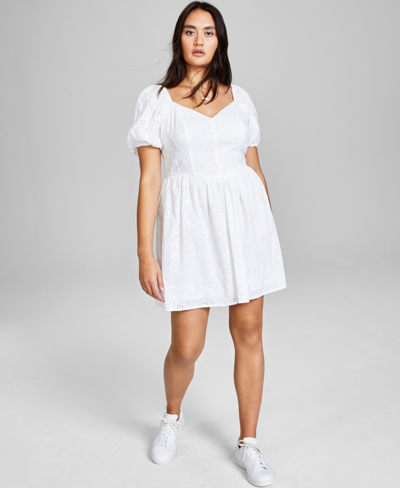 And Now This Women's Cotton Eyelet Puff-sleeve Dress, Created For Macy's In White