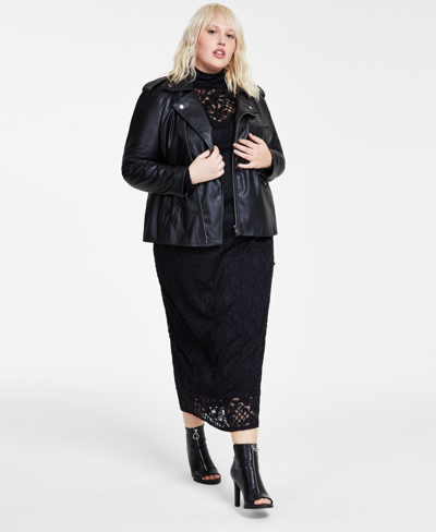 Bar Iii Plus Size Faux-leather Long-sleeve Moto Jacket, Created For Macy's In Deep Black
