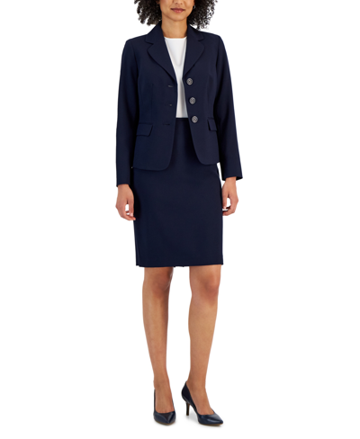 Le Suit Petite Three-button Jacket & Pencil Skirt In Navy