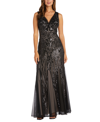 R & M RICHARDS WOMEN'S SEQUINED V-NECK GODET GOWN