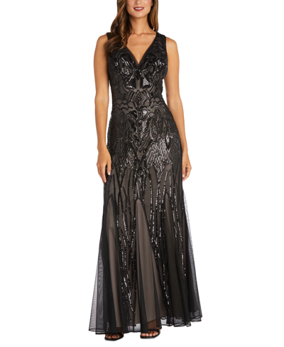 R & M Richards Women's Sequined V-neck Godet Gown In Black,nude