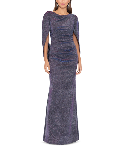 Betsy & Adam Glitter Drape-back Cape Gown In Black,silver