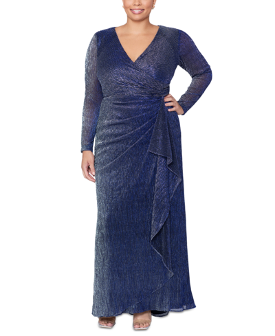Betsy & Adam Plus Size Metallic Long-sleeve Drape-front Gown In Black,royal,silver