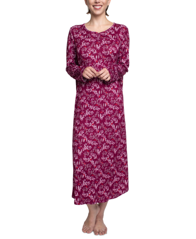 Hanes Women's Printed Long-sleeve Henley Nightgown In Cranberry Cardinal