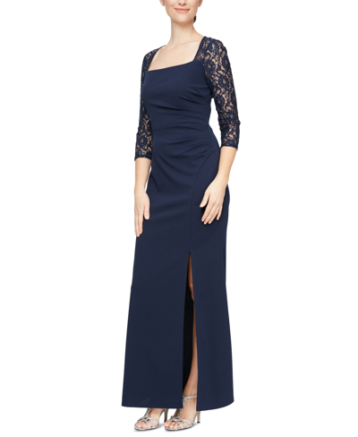 Sl Fashions Square Neck Lace Crepe Gown In Navy