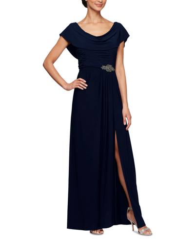 Alex Evenings Petites Womens Cowl Neck Embellished Evening Dress In Blue