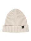 TOM FORD WHITE RIBBED BEANIE WITH LOGO PATCH IN CASHMERE