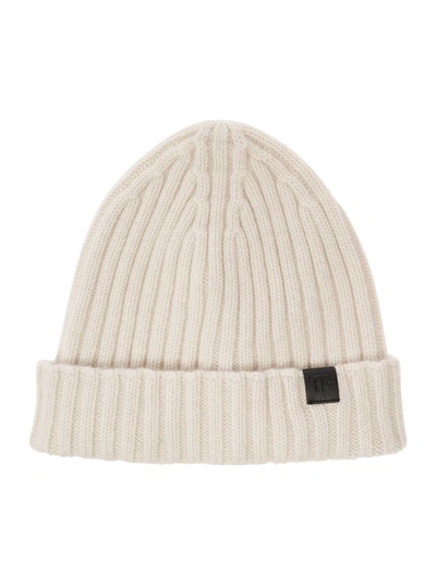 Tom Ford White Ribbed Beanie With Logo Patch In Cashmere Man