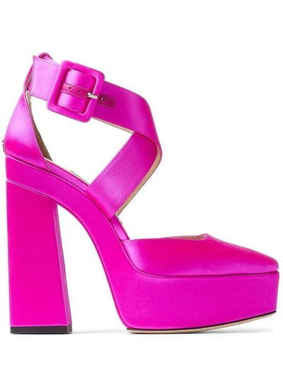 JIMMY CHOO FUCHSIA PINK GIAN PLATFORM PUMPS IN SATIN AND LEATHER