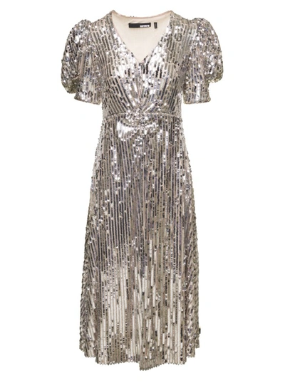 ROTATE BIRGER CHRISTENSEN SIERINA' SILVER-TONE MIDI DRESS WITH ALL-OVER SEQUINS