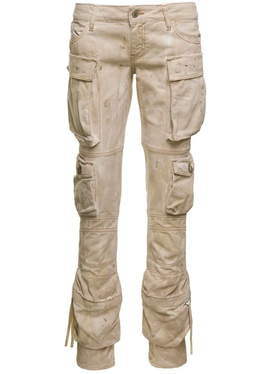 Attico Essie' Beige Low Waisted Jeans With Cargo Pockets And Logo Embroidery In Cotton Denim In Neutrals