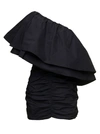 ROTATE BIRGER CHRISTENSEN MINI BLACK ONE-SHOULDER PLEATED DRESS WITH OVERSIZED VOLANT IN TAFT