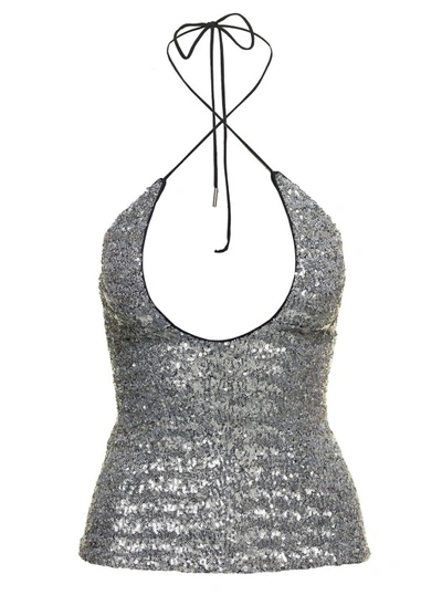 ATTICO ALYX' SILVER-COLORED TOP WITH CRISS CROSS NECKLINE AND ALL-OVER PAILLETTES IN TECH FABRIC