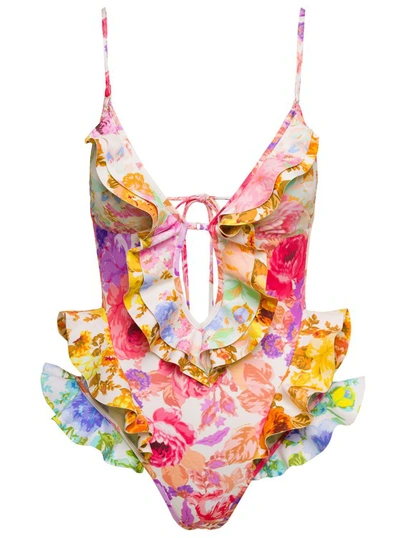 Zimmermann Raje Multicolor One-piece Swimsuit With Floreal Print And Frills In Stretch Polyamide Woman In Spliced