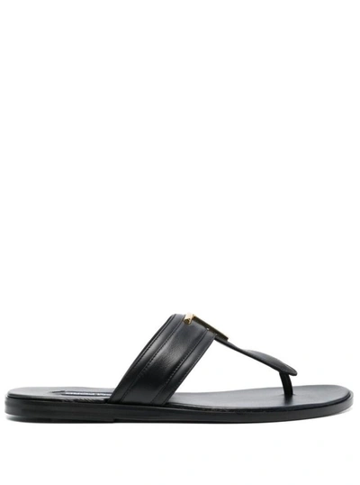 TOM FORD BLACK THONGS SANDALS WITH METAL T DETAIL IN LEATHER