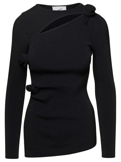 COPERNI BLACK RIBBED TOP WITH CUT-OUT AND ROSE APPLIQUES IN STRETCH VISCOSE