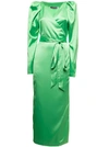 Rotate Birger Christensen Bridget Green Satin Long Dress With Belt Rotate Woman In Green