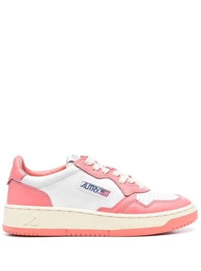 Autry Pink And White 'medalist' Low Top Sneakers In Cow Leather In Neutrals
